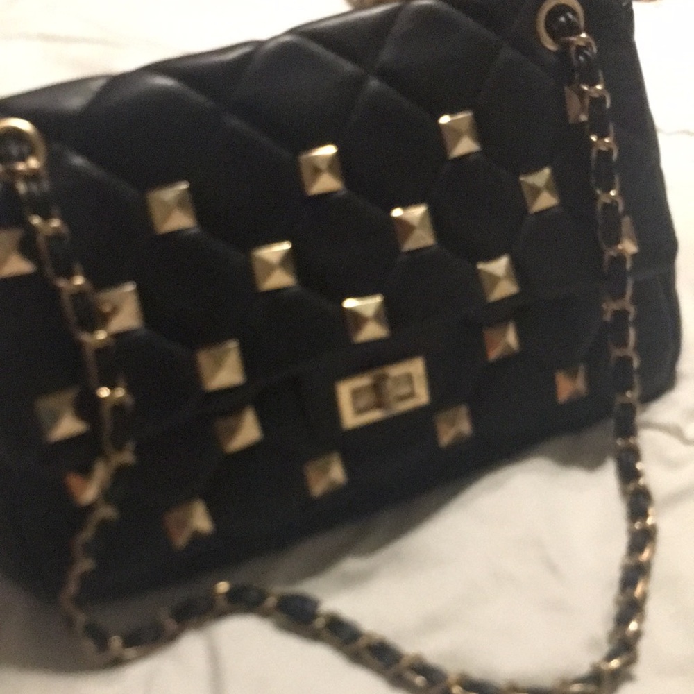 Black Quilted Crossbody Bag with Gold Accents